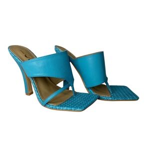 EGO Turquoise Blue Woven Square Toe Thong Heeled Mules UK5 US7